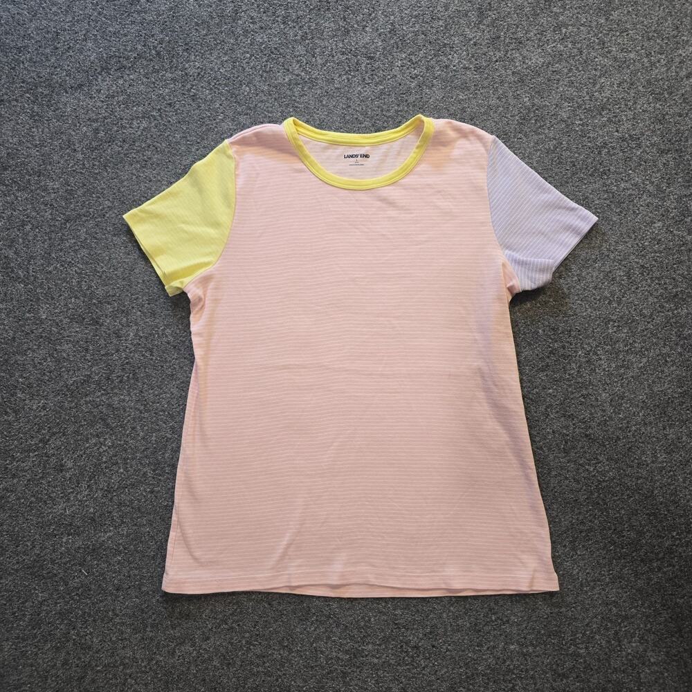 Lands End Top Womens Size Large Pink Striped Colorblocked Short Sleeve Casual